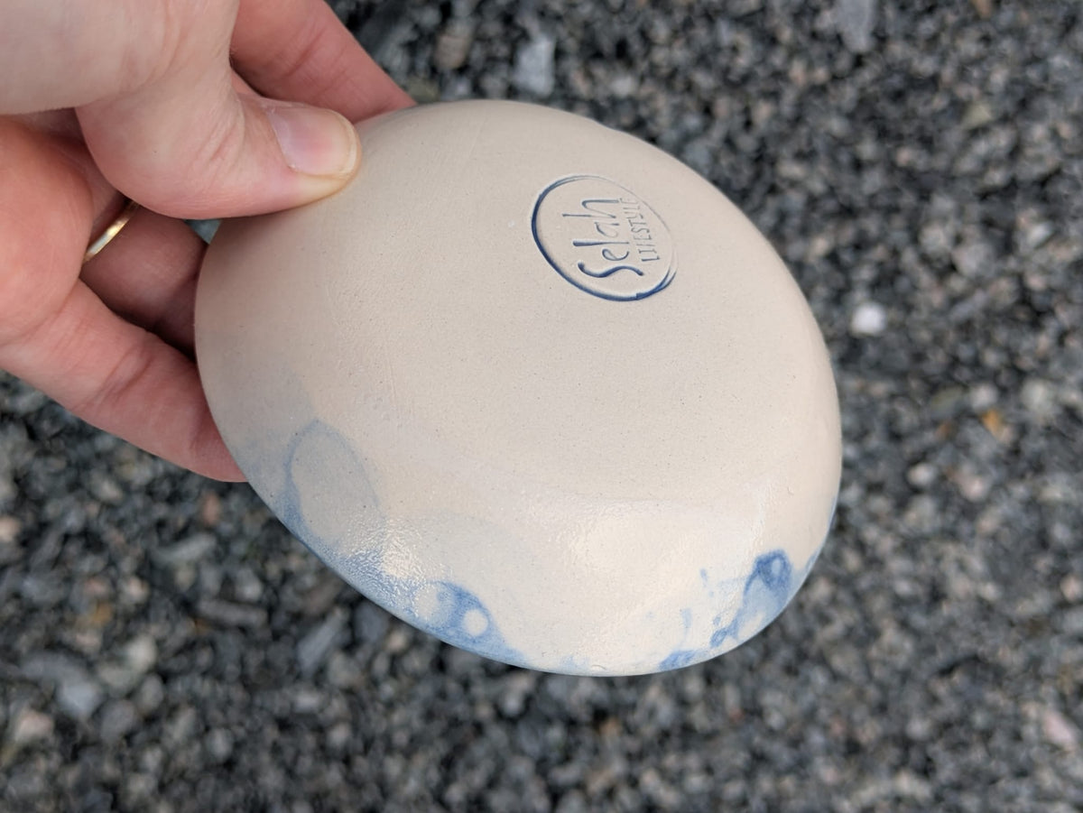 She Laughs Round Trinket Tray – Blue Bubble Glaze