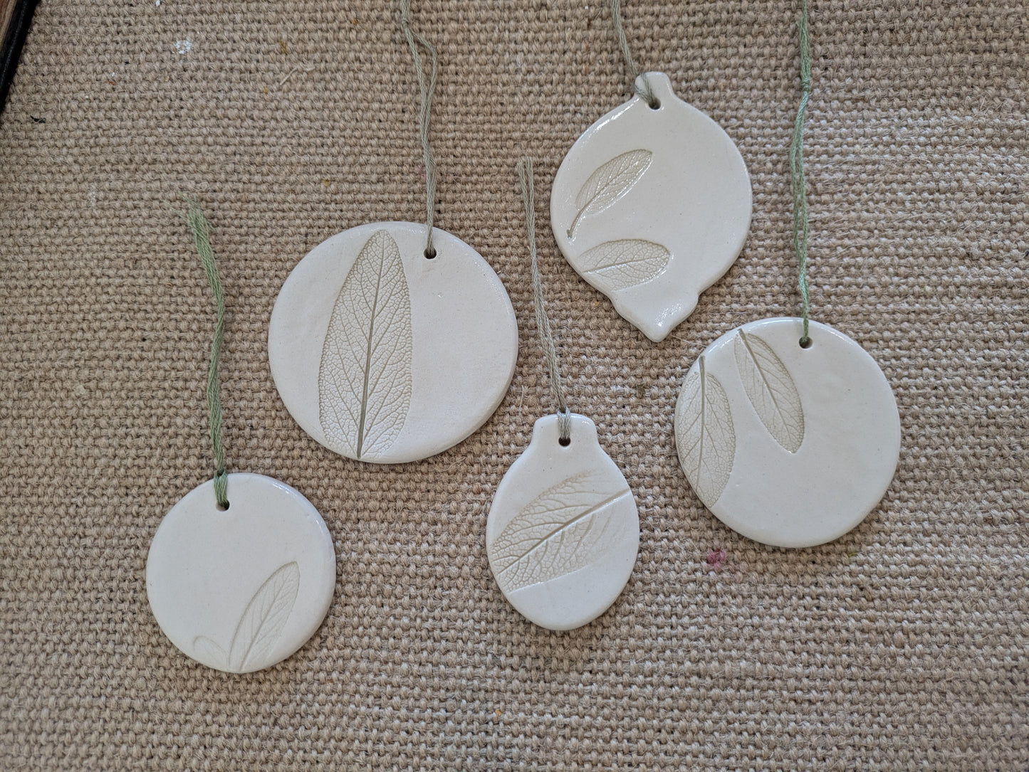 Christmas Tree decorations: Leaf imprint baubles / gift tags