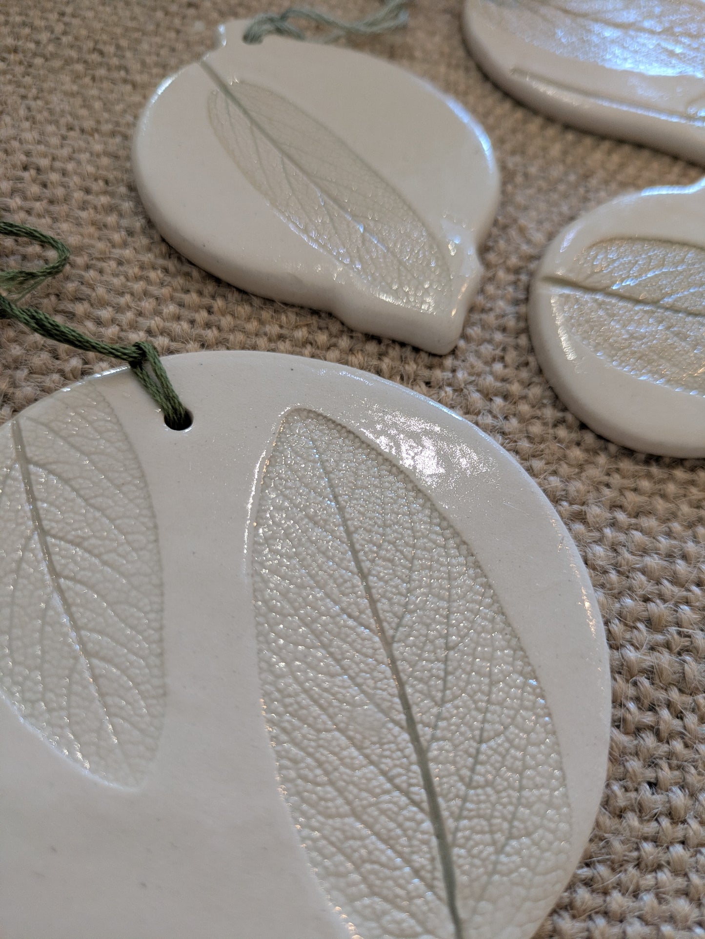 Christmas Tree decorations: Leaf imprint baubles / gift tags